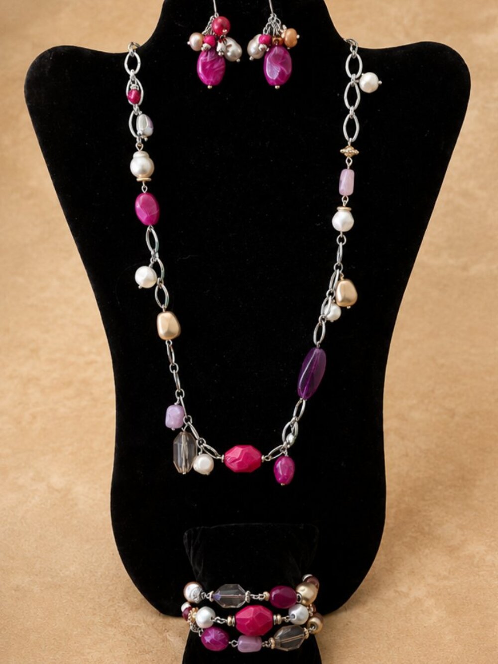 Chicos Statement Jewelry Set Pink Purple Pearl Beaded Necklace Bracelet Earrings